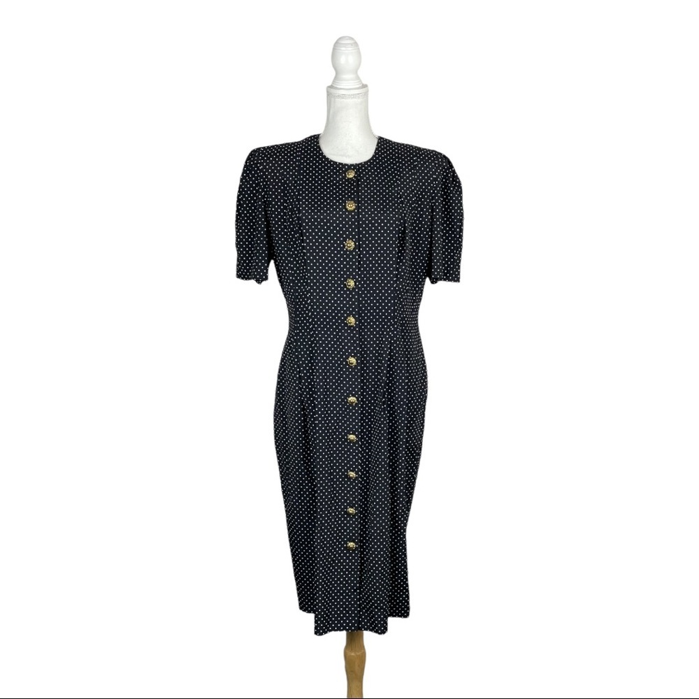 SL Fashions Vintage 80's 90's Black White Polkadot Midi Sheath Dress Rockabilly